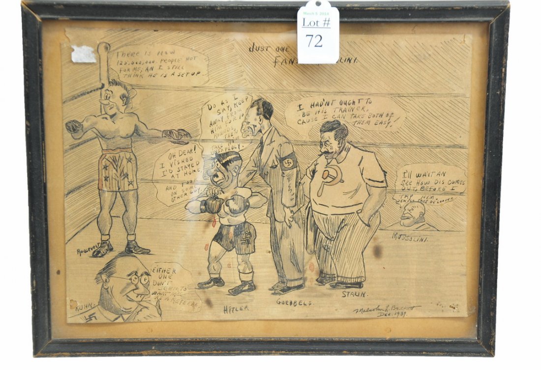 WWII Nazi Ephemera and Medal Lot: To include: fifteen Nazi coins, three various German/Nazi medals, one 40 Year Loyal Service Nazi medal, and one illustration by Malcolm Beckett from 1939 featuring Roosevelt, Kuhn, Hitler, Goebbels, S
