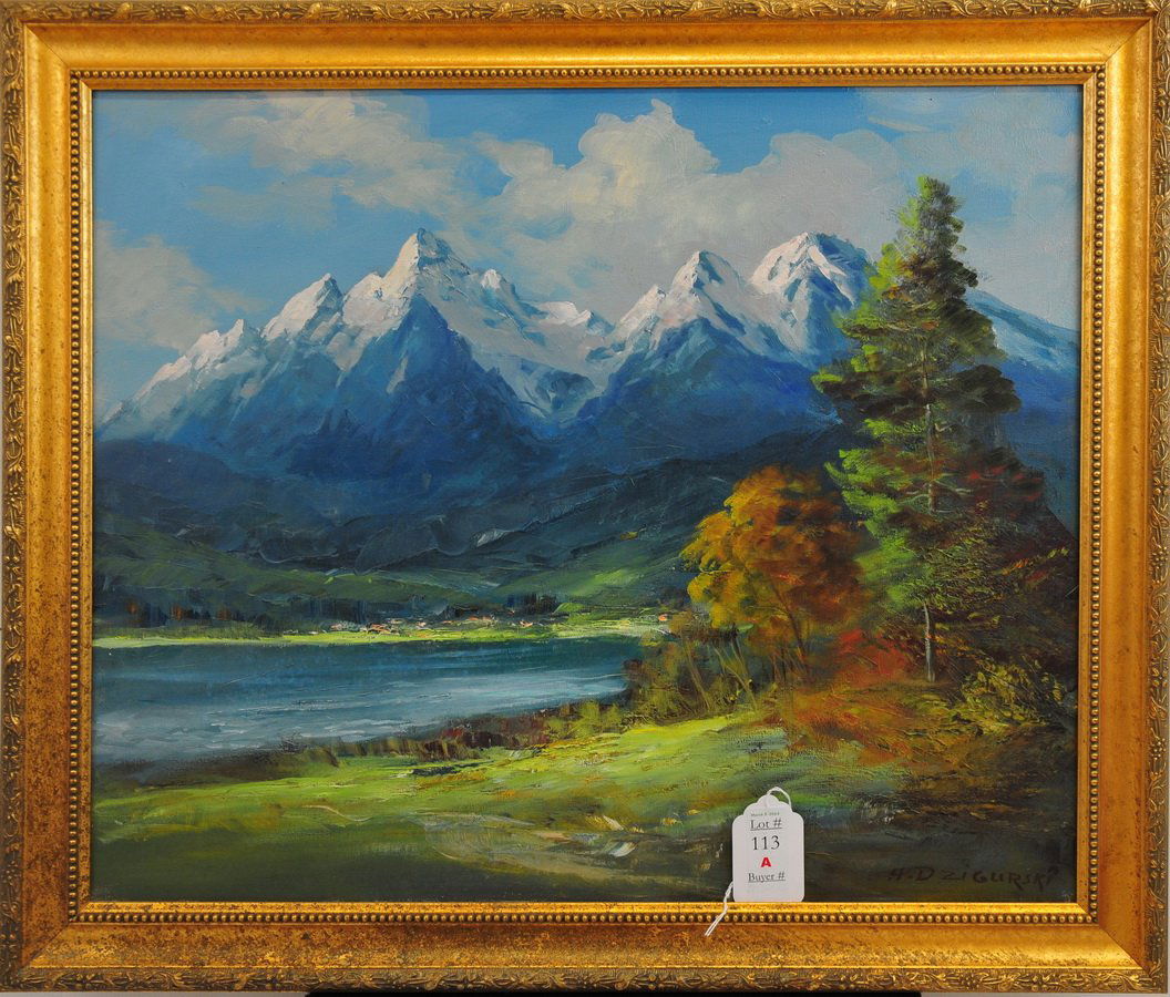 Oil on Canvas by Alexander Dzigurski 1911-1995: Oil on Canvas mountain landscape by Alexander Dzigurski measures 27x19
