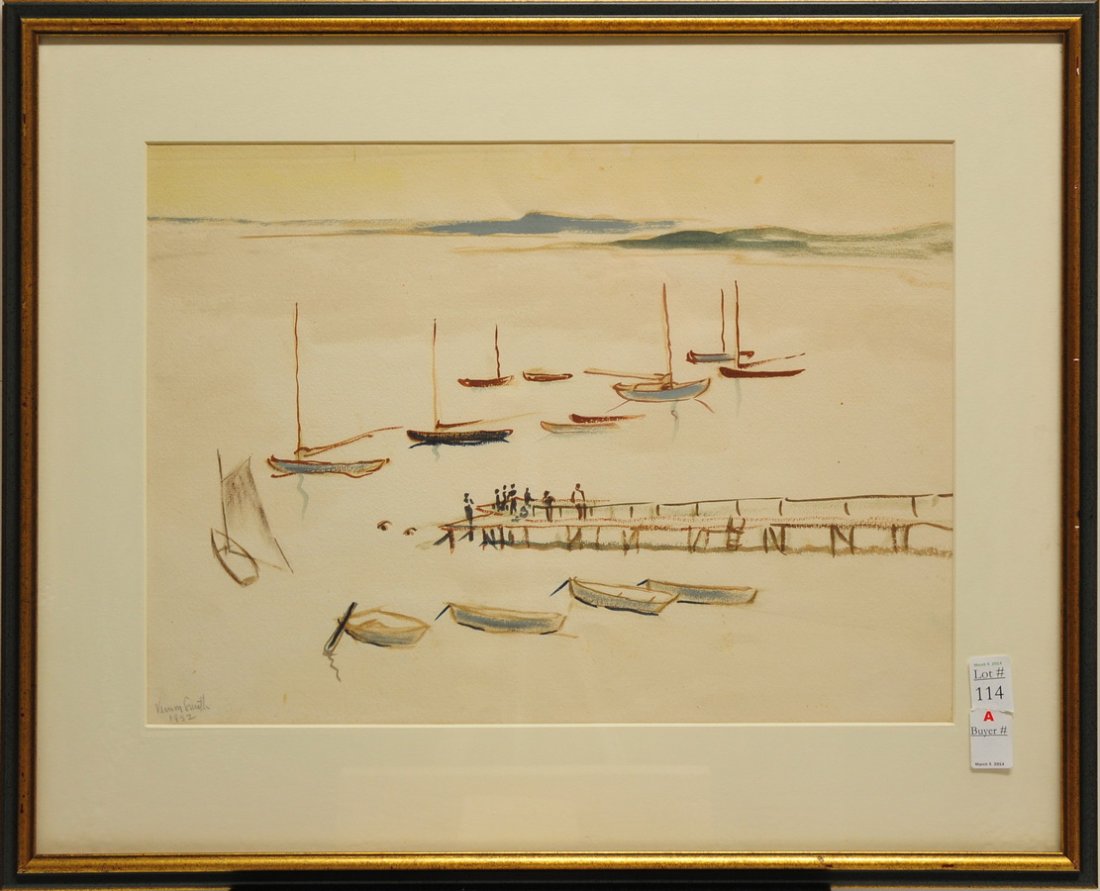 Watercolor Pen and Ink Painting: The painting depicts a coastal scene with dock and sail boats and is signed in bottom left corner by Vernon Smith, 1952. Measures 14" X 19" in 26.5" X 21.5" frame.