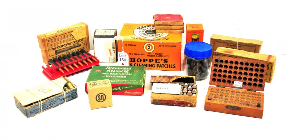 Collection of vintage ammunition: Including a vintage case of unused Hoppe's Cleaning patches, Camp Perry Cartridge Box, Ideal Loading Implements Ideal Pocket Closer in original box, Smith and Wesson Blank cartridges, UMC Nickeled Pri