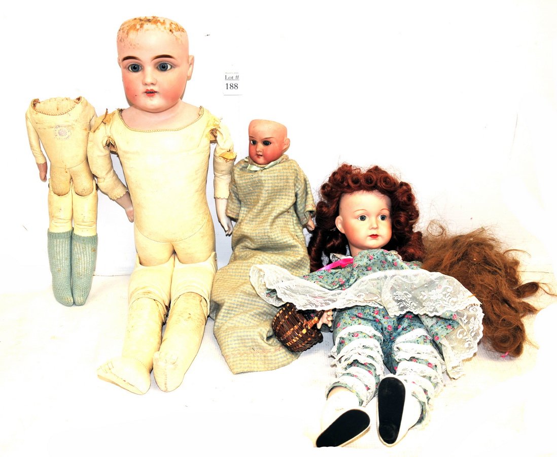 Vintage Lot of German Bisque Dolls and Doll Parts: Collection includes a 17" K star R Simon Halbig bisque doll with open blue eyes and a sweet closed mouth. Hands face in good conition. Also included is an Armand Marseille Floradora 15.5" doll with le