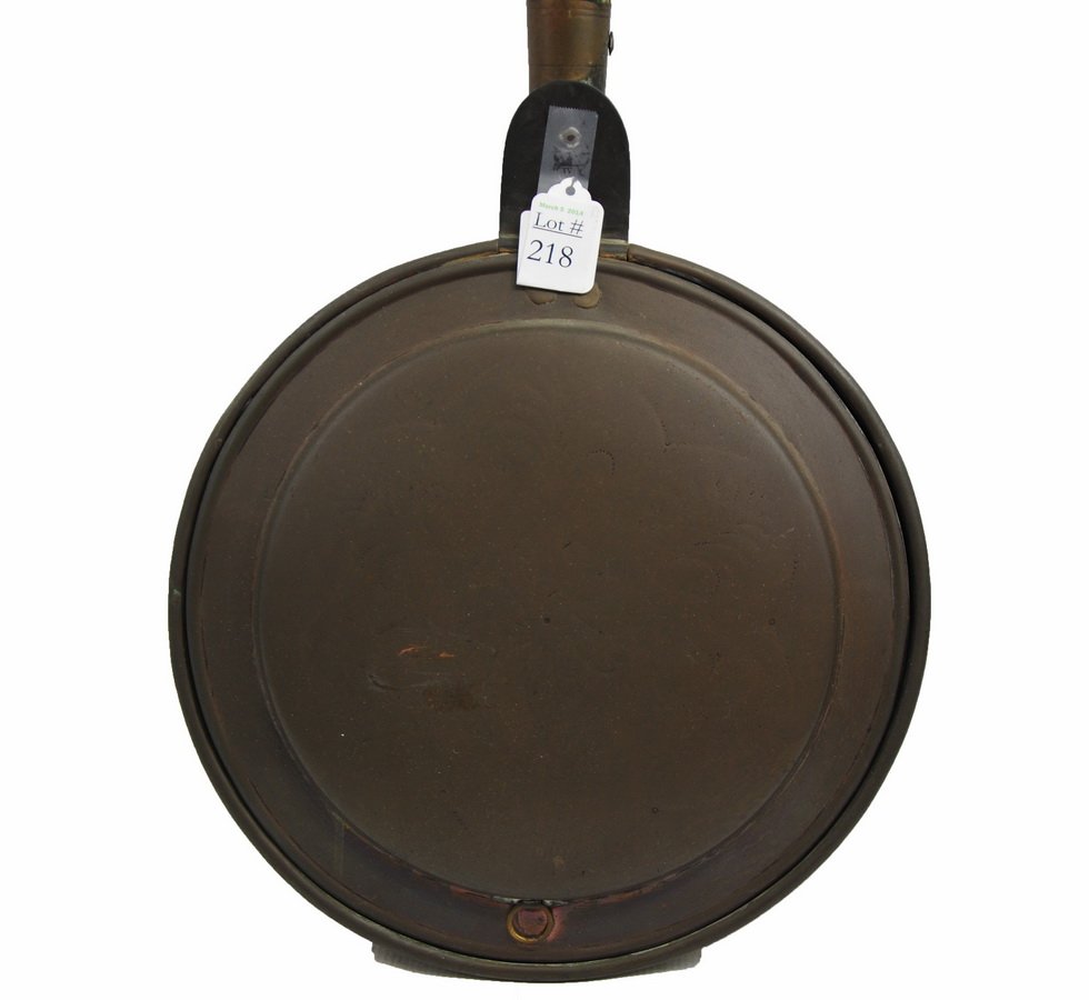 Old Copper bed warmer with wooden: handle, 45" Length x 12" Diameter, signed on copper F. W. Excellent old wear and patina.