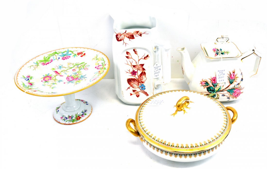 Lot of 4 Misc Pieces of Porcelain Serveware: Lot includes a Haviland Limoges covered serving dish, a semi-porcelain English teapot, a cake pedestal plate, and a tall rectangular pitcher marked BSM on the bottom.