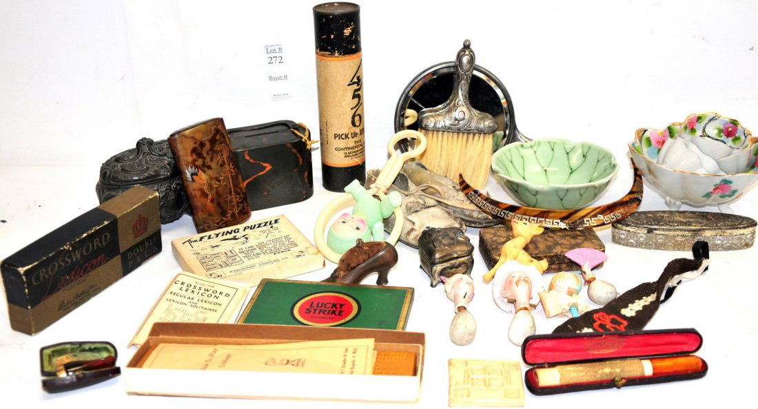 Lot of vintage and antique Items: Includes a silver art nouveau hand mirror; one lg and one small silver casket jewelry box with cupids; Lucky Strikes cigarette tin, decorative silver handled brush and pressed glass powder dish with d