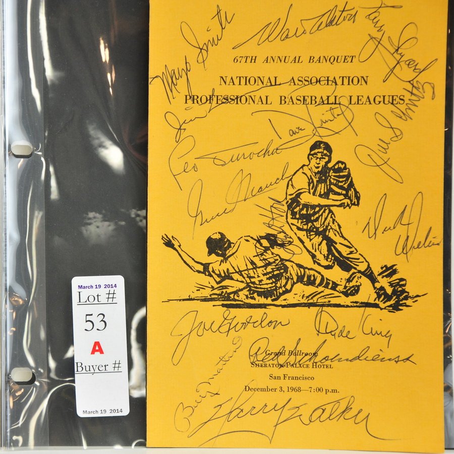 1968 67th Annual Baseball banquet signed: by numerous players including Mayo Smith, Walt Alston, Larry Shepard, Jim Lemon, Leo Durocher, Gene Mauch, Dave Bristol, Dick Williams, Clyde King, Red Shoendienst, Billy Martin, Harry Walker, Joe Gor