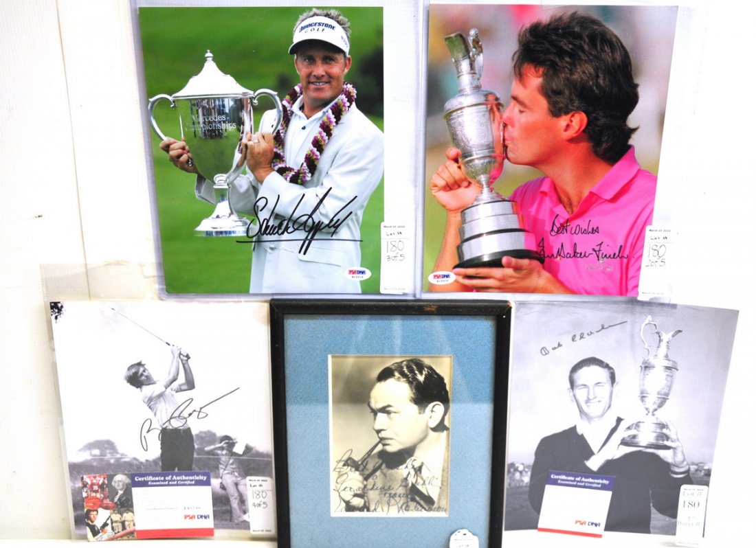 Five piece collection of 4 Golf Autographed: Photos All PSA including Stuart Appleby, Ian Baker Finch, Bob Charles, Bill Rogers and an autographed photo of Edward G. Robinson.