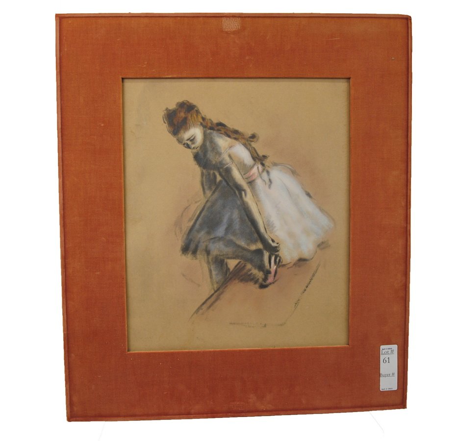 "Dancer Slipping On Her Shoe" by Edgar Degas: Fantastic Monotype Heightened with Ink and pastel on paper by master artist Edgar Degas 1834-1917 measures 16x14 Unsigned. Purchased in New Orleans. From a South Carolina Collector.