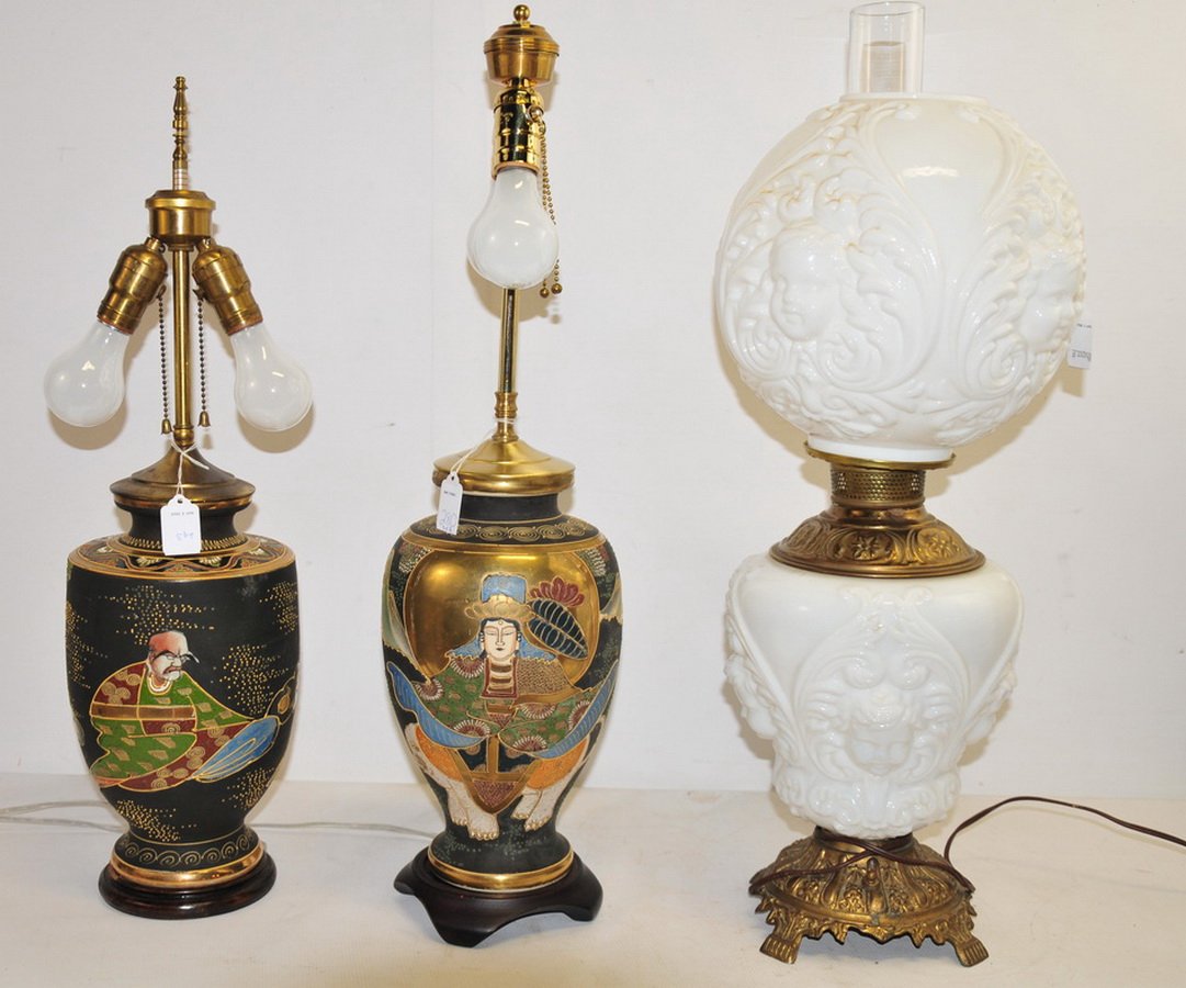 1 Victorian Parlor Lamp & 2 Vintage Asian Lamps: Victorian Gone with the Wind white milk glass parlor lamp as is, and two vintage lamps with Asian motif, one has a 2" chip in the wooden base.