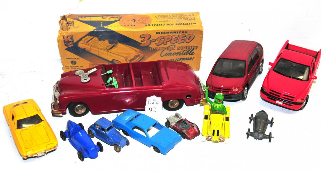 Kaiser Convertible in Original Box with other toys: 1960 Ford car, metal sedan, race cars by Tootsie,