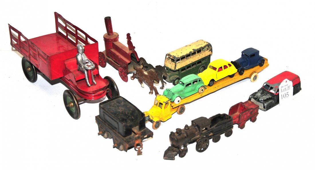 Misc. Toy Lot: Kingsbury Tin Toy Motor Driven Truck, Dinky Toys, Tootsie Toys, Train engine Tin Horse driven fire engine and more