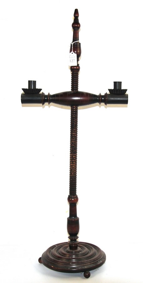 American Turned and Carved Adjustable Candle stand: 19th Century primitive turned shaft 33"