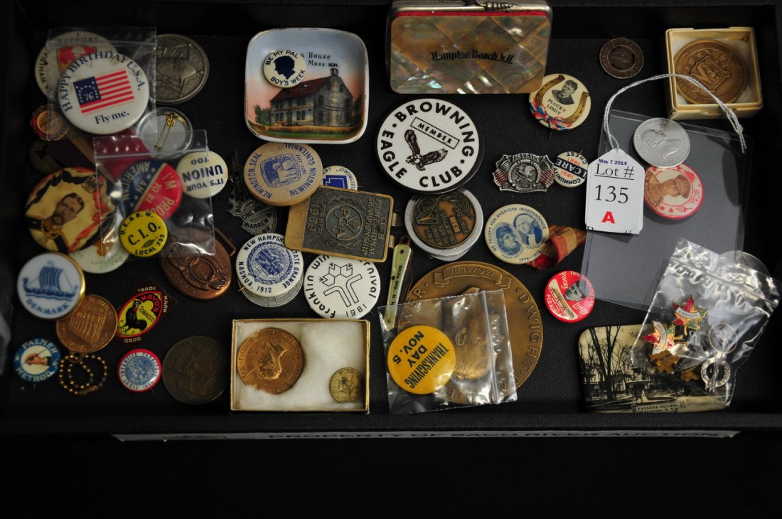 Misc. Lot of Pins and Commemorative Items: Includes: labor union badges, 1989 PGA belt buckle, Bat Masterson Medallion, 1912 Nashua NH Range pin, commemorative coins, 2 Plucky Lindy pins one circa 1920's advertising Flexible Flyer sleds, Thank