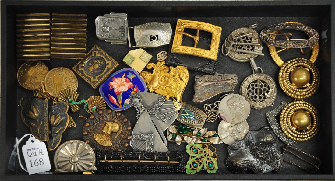 Unique Lot of Vintage Buckles and Clips: Approx. 30 vintage shoe and dress clips and belt buckles made of brass, nickel silver, enamel, in a variety of styles: art deco, oriental, Victorian, etc.