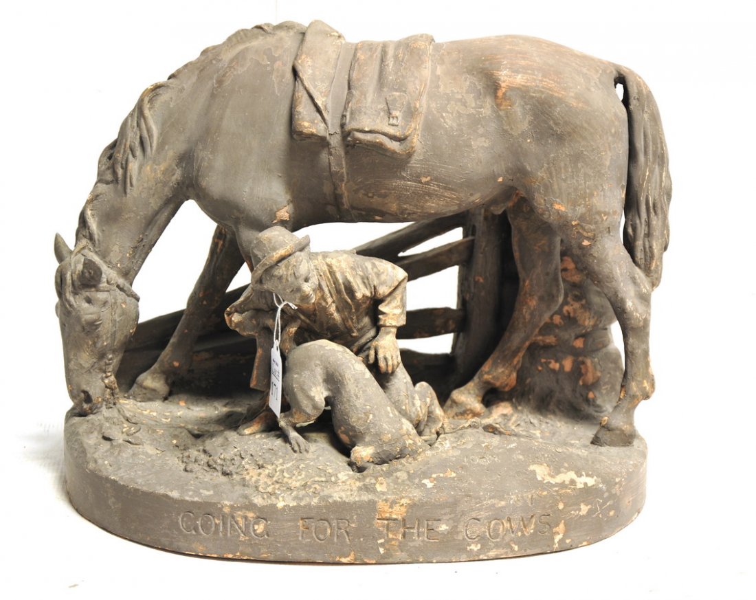 John Rogers Statue: "Going For the Cows": This plaster statue depicting a horse, young man and dog digging a hole is patented Dec., 1873, measures approx. 14" X 9" at the base and 11" high, and is a beige/gray color. John Rogers statues were