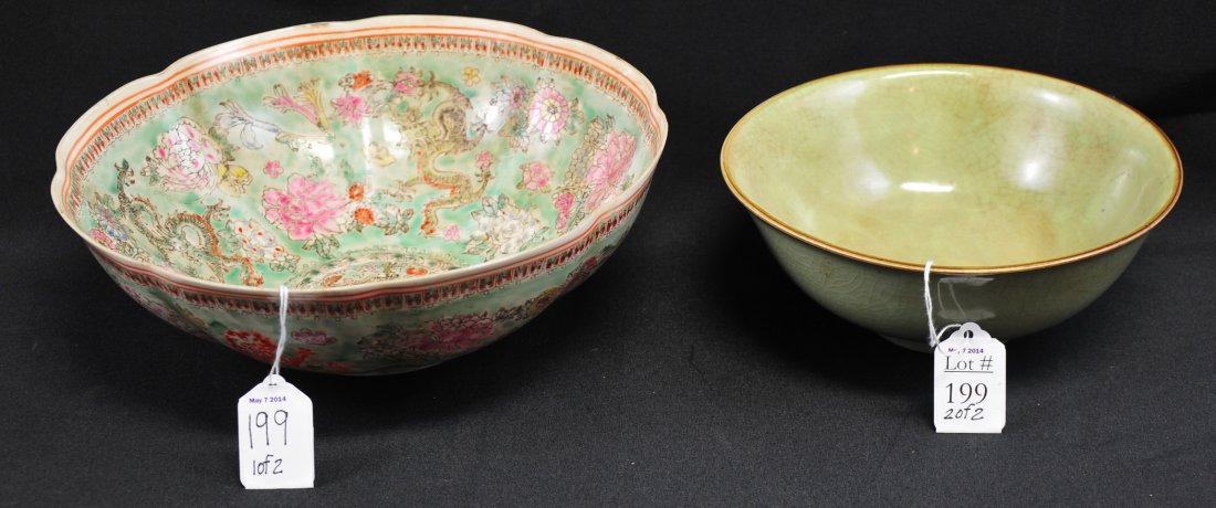 Two oriental bowls to include: 7 1/2" in diameter green bowl, 9 1/2" eggshell porcelain bowl.