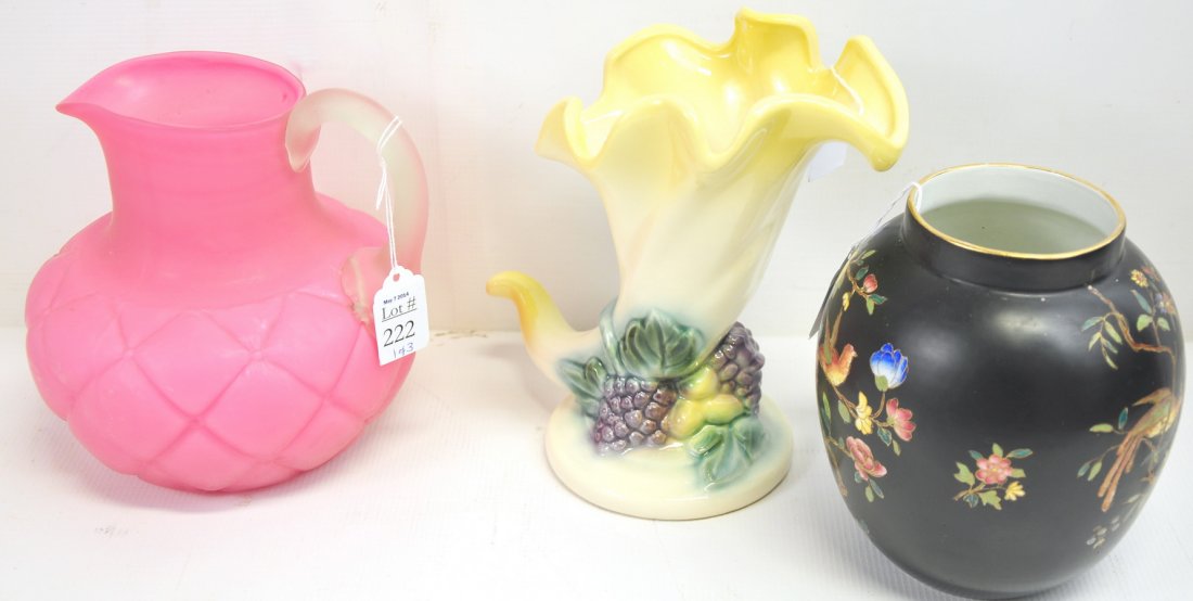 Lot of Vintage Glassware: Includes: a pink quilted glass pitcher measuring 7.5" high, a Hull cornucopia vase in two-toned yellow wrapped in purple grape bunches and lemons, measures 8.5" high, and a striking Carlton Cloisonné
