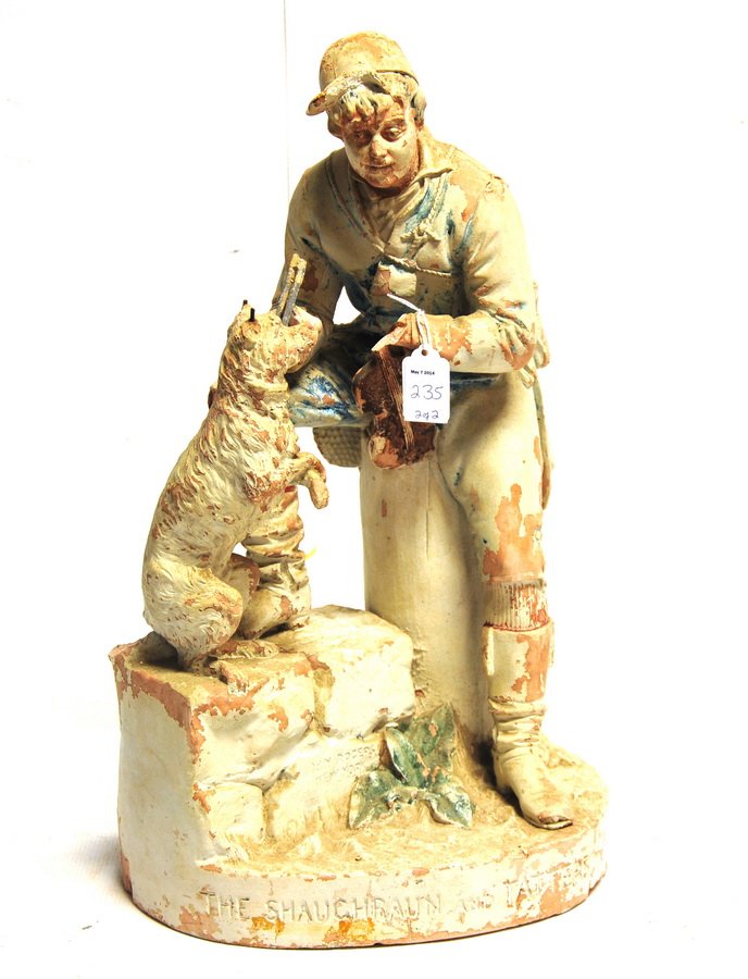 2 John Rogers Plaster Statues: Country Post Office" measures approx. 11" X 14" at the base and 20" high, retains some good coloring in the paint, and has damage to the woman's hand and to the letter the man is holding. The second s
