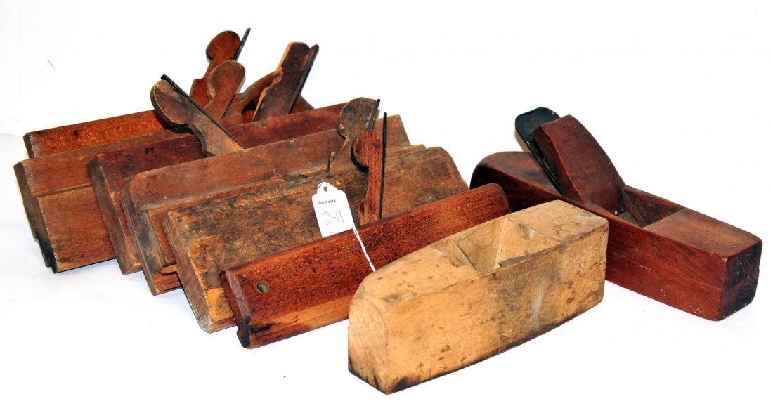Lot of 15 Antique Wooden Planes: Set includes 3 wooden block planes and 12 wooden molding planes; one marked Palmer, 4 marked Auburn, no. 5, one from a New Bedford Co., one marked Reed Utica, 2 marked Ohio Tool co., one C. E. Cushman