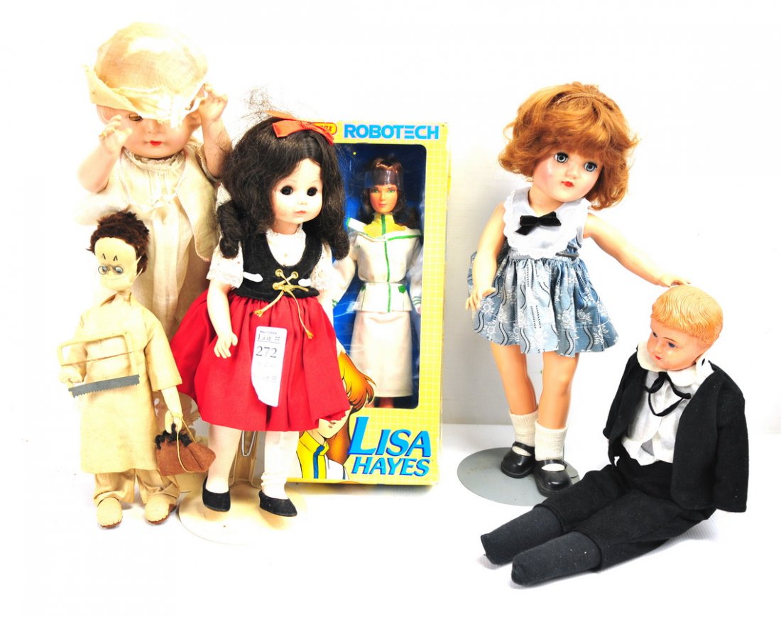 Lot of 5 Vintage Dolls: Lot includes an Effanbee Hlumpe cloth surgeon doll, boy doll with turtle mark, a Toni P90 Ideal doll, a Patsy type doll with original clothes, and a Madame Alexander Brigitta doll.