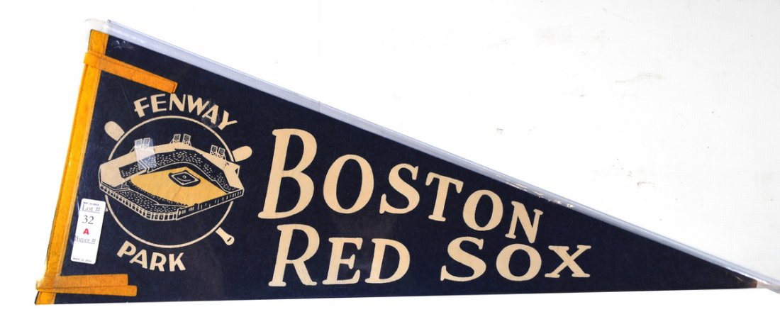 Vintage Boston Red Sox Pennant: Original full sized felt pennant from the Boston Red Sox team. White graphic of Fenway Park with two crossed bats in the background. Blue felt.