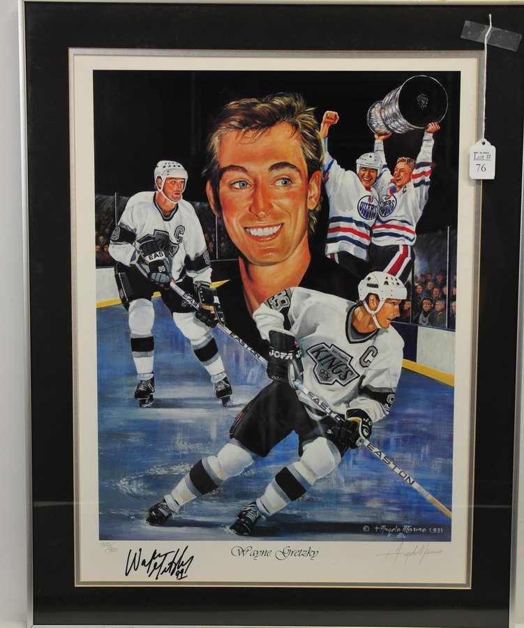 Wayne Gretzky Print Signed by Gretzky and Artist: Angelo Marino, numbered 302/900, dated '93, measring approx. 18" X 24" inside a 22.25" X 28.25" frame.