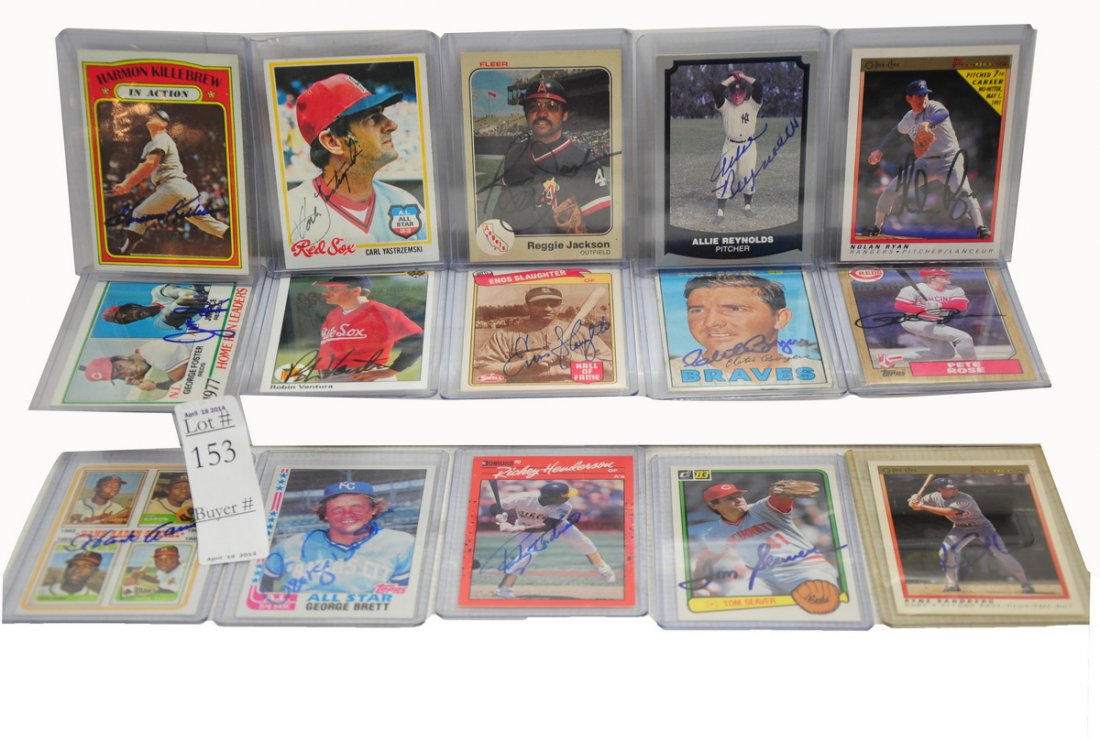 Set of 15 Signed Baseball Cards: To include: Yastrzemski, Hank Aaron, Pete Rose, George Brett, Nolan Ryan, Reggie Jackson, and others.