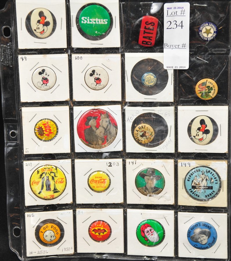 Lot of 20 Vintage Button Pins: Mickey, Batman: Coca-Cola, Hopalong Cassidy, and more.