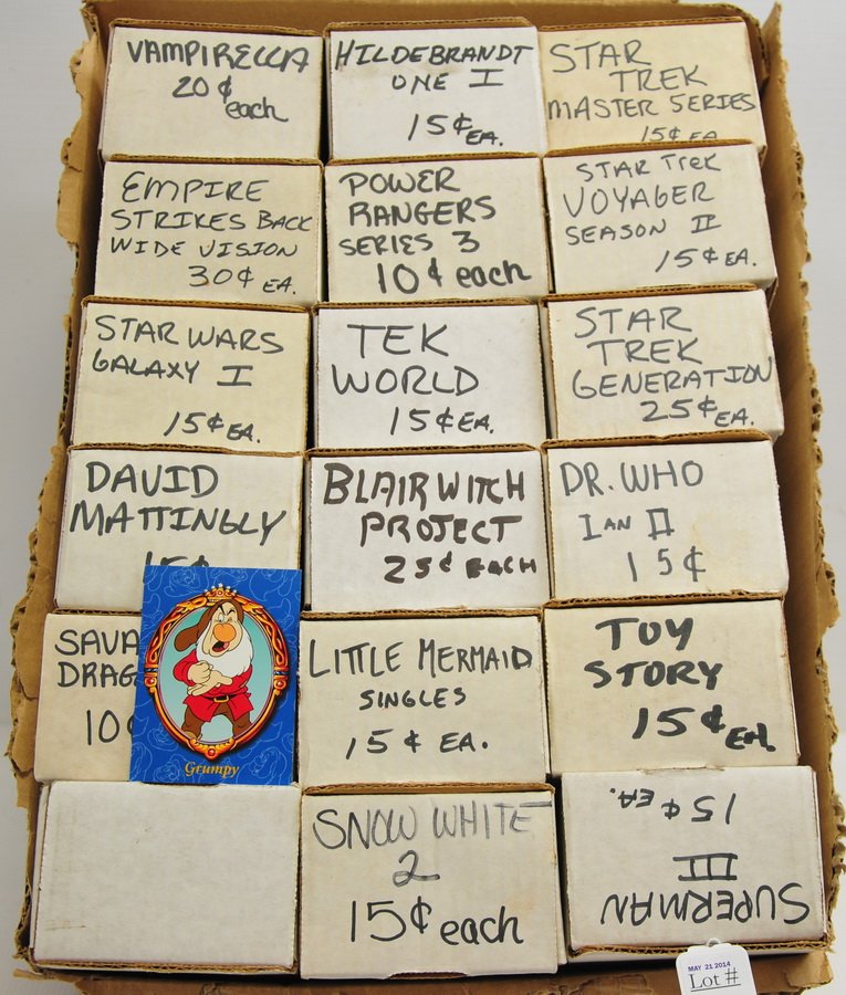 Lot of Movie and Television Cards: 18 boxes of movie and TV cards, including: Superman III, Toy Story, Little Mermaid, Star Wars Galaxy I, Empire Strikes Back Wide Vision, Blair Witch Project, Dr. Who, Power Rangers, and others.