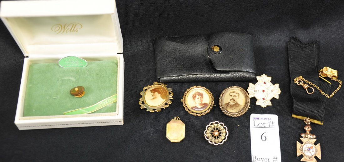 8 piece misc mixed lot to include:: Odd Fellows badge, couple of pins of mini photos in old frames, etc. Found in an old estate in Maine.
