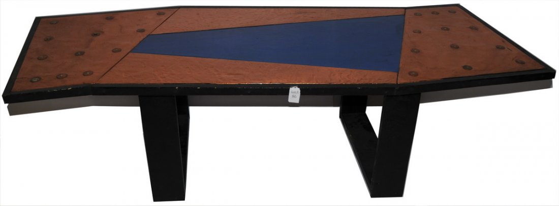 Frank Diaz Escalet Art Bench: A sculpture-like wood and copper hand-crafted art bench in a slight zigzag shape, measuring approx. 17.5" high X 58" long X 27" deep. Escalet is a Puerto Rican artist known for his primitive, impressi