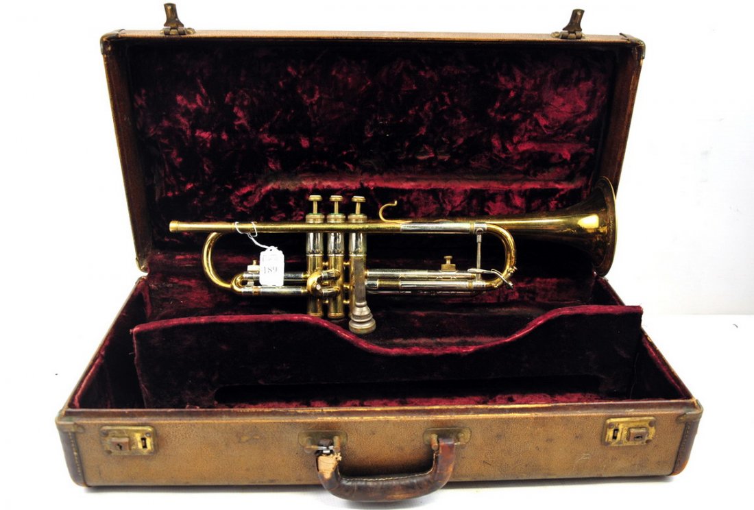 F E Olds & Sons Trumpet w/ Extra Mouth Piece: Printed on horn: Made by F. E. Olds & Sons, Los Angeles California, USA ~ Super~Olds. Mouth piece is marked: 17 C inside a square, Rudy Muck, Cushion Rim. There is another mouth piece marked 31 or 3I,