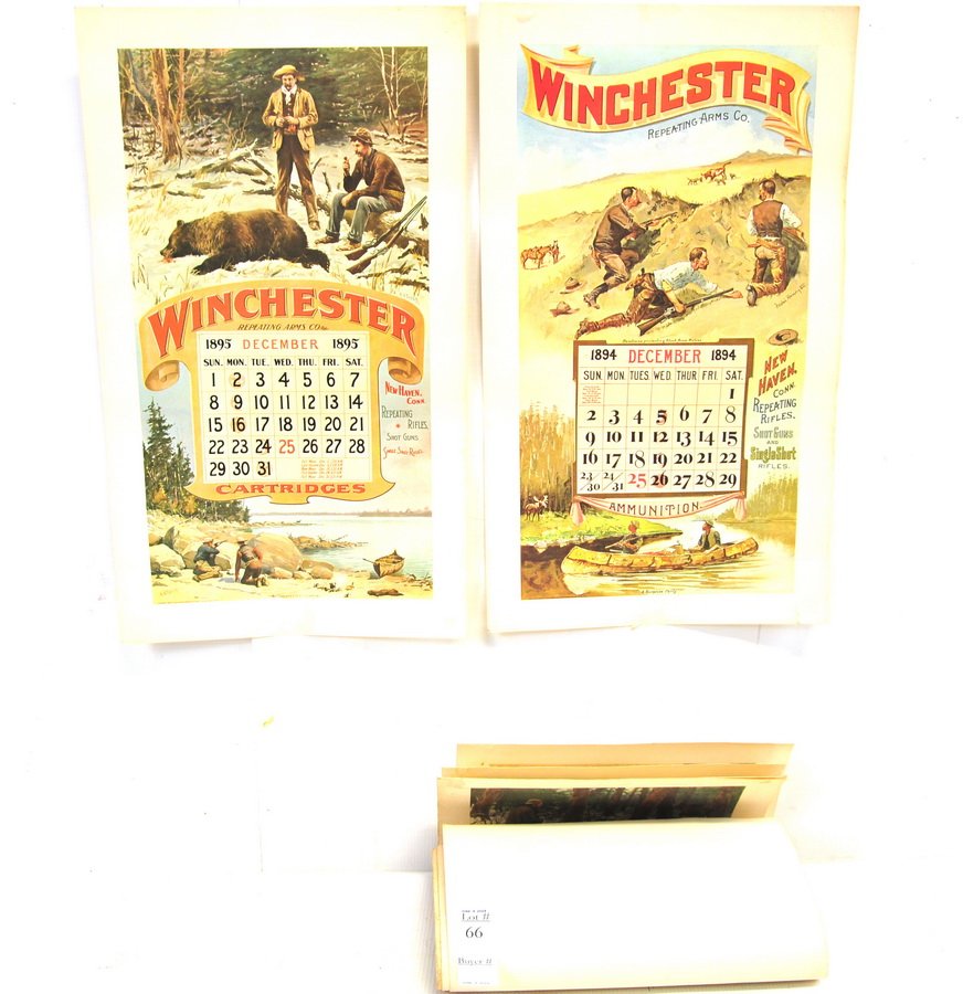 1894--1900 Winchester Repeating Arms Co. Calendars: 1894 December calendar is a litho by Frederic Remington, copyrighted, signed and dated at bottom left; 1895 December calendar is a litho by A B Frost, copyrighted, signed and dated bottom left; and th