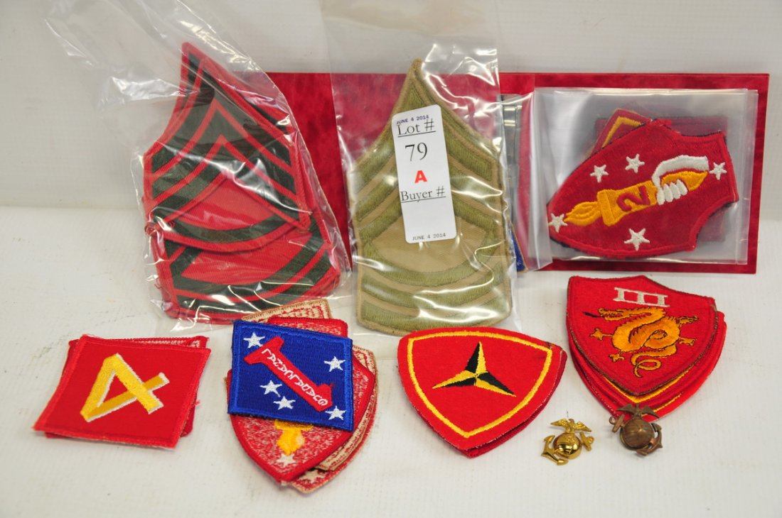 USMC WWII patches: Unit patches and chevrons, includes 1st Marines, 3rd Marines, 4th Marines. Nice patches!