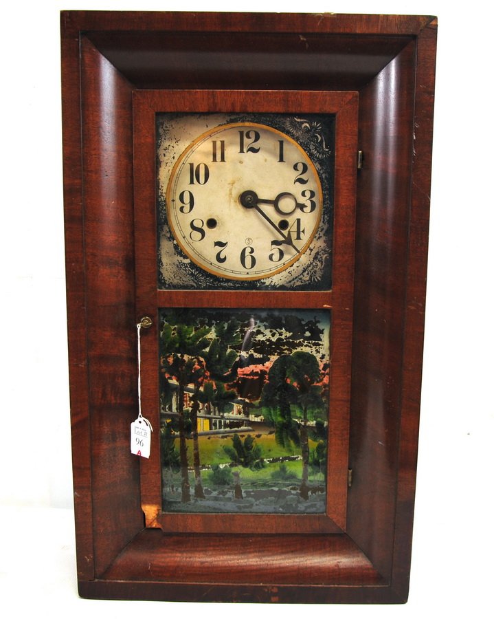 Reverse Painted Clock: sold by Jerome's, Gilbert ,Grant and Company, Bristol Connecticut. 26". Reverse painting very rough, clock as found.