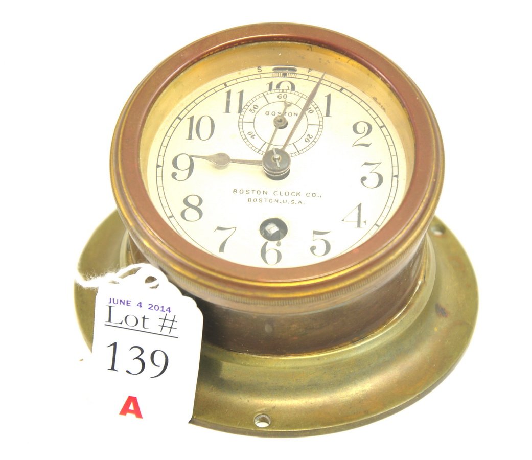 Brass Boston Clock Co. Clock: Clock face measures 3" in diameter.