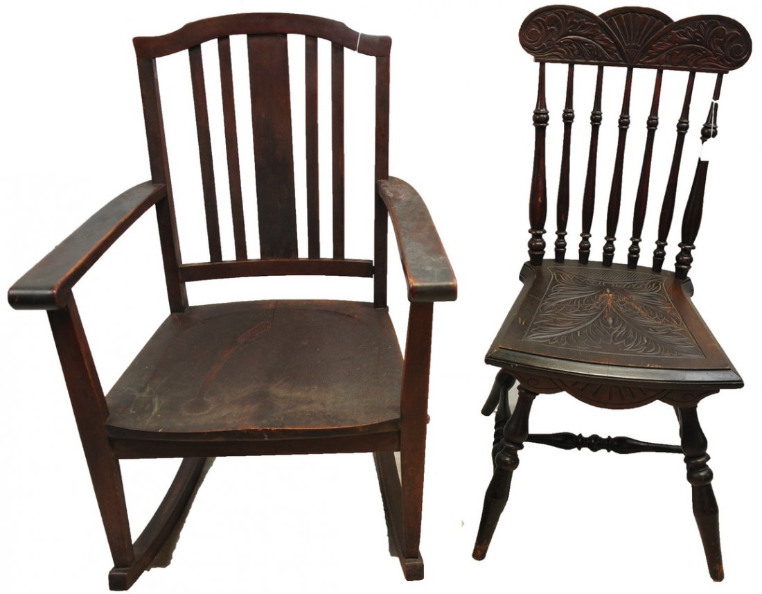 Mission Rocking Chair and Arts & Crafts Chair: One mission style dark-stained oak rocking arm chair measuring approx. 35" high X 25" wide X 28" deep, and one intricately hand-carved arts and crafts style pressed back chair measuring approx. 36" hi