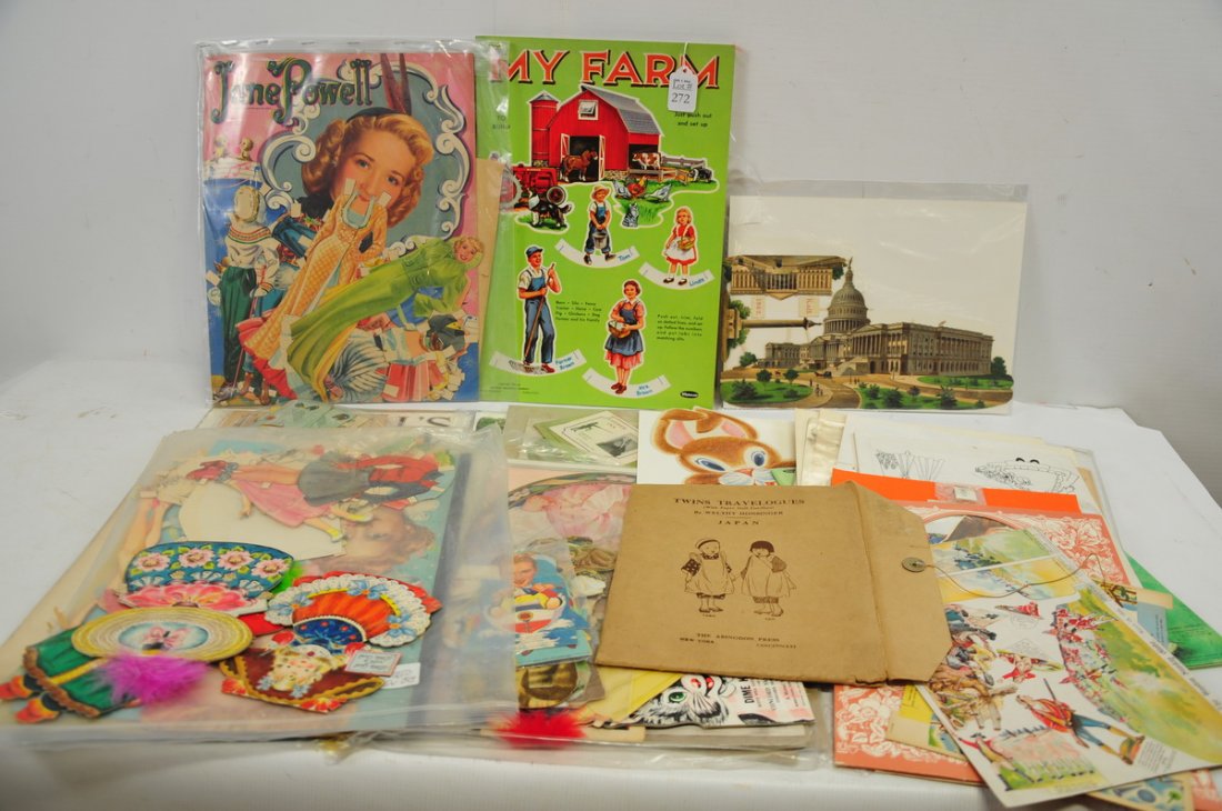 Mixed Ephemera Lot: To include Betty Hutton paper dolls and others, 1955 colorful "My Farm" intact cutout book, forest life die cuts, paper ads, and misc. items.