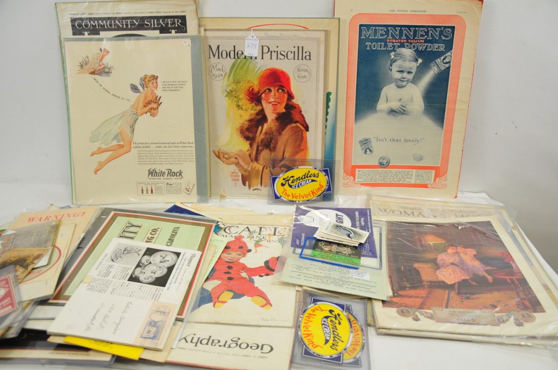 Mixed Estate Ephemera Lot: Tow boxes filled with: paper and magazine cutout ads, colorful Big Buster popcorn box, 1924 Priscilla Basketry Book no. 1, old menus, TWA booklet printed in French, colorful can labels, 1933-34 coupon