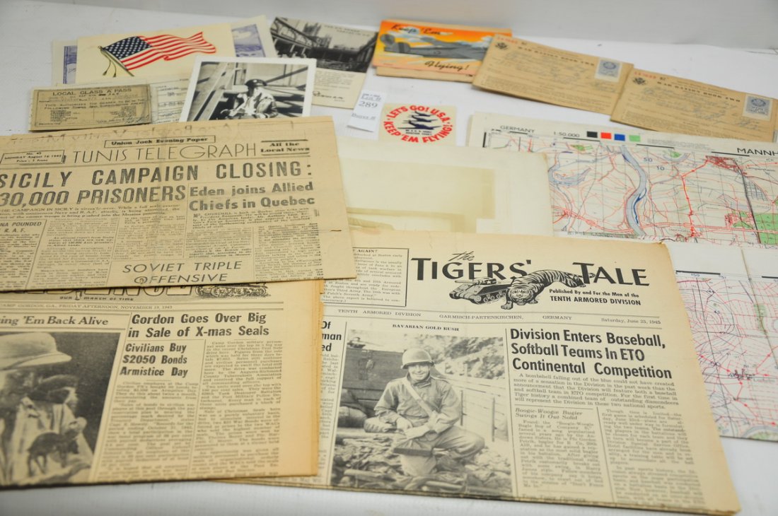 WWII Mixed Ephemera Lot: Includes: first edition color coded 1944 military maps for German cities; GI Invitation from Soviets, and misc. items.