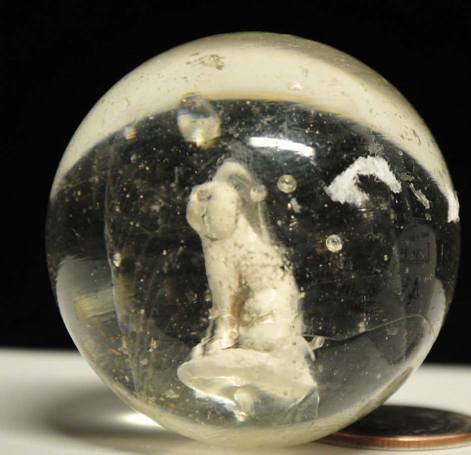 1 15/16 Glass Sulphide Marble Dog w/ Long Ears: Victorian circa 1860 - 1900