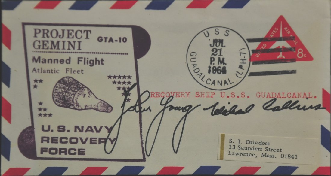 Two signed First Day Covers: Neil Armstrong, David Scott, John Young, and Michael Collins. Includes story and photos within each envelope, circa March and July 1966.