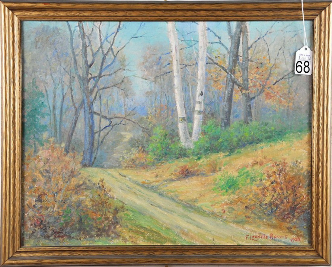Landscape OOC by Maine Artist F. Louville Bowie: Beautiful landscape in soft colors of a dirt road winding through fall trees and birches; signed bottom right by listed Maine artist F. Louville Bowie, dated 1924. Measures 16.25" X 20.25" in frame.