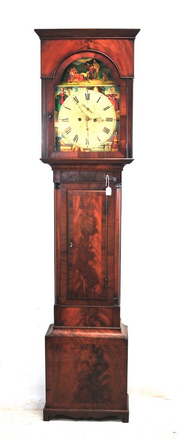 8 Day Flame Mahogany Tall Clock: Clock has a pictorial face, signed John Leckie Coatbridge, depicting the four seasons; measures 84" tall.