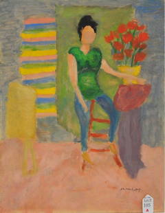 "Girl With A Vase of Flowers" signed: Milton Avery Oil on canvas board 16 x 20.