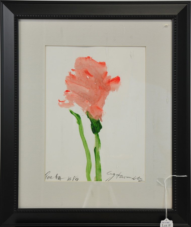 "Rose" signed Cy Twombly inscribed: Gaeta 1989 a watercolor gouache, approx 12 x 9.