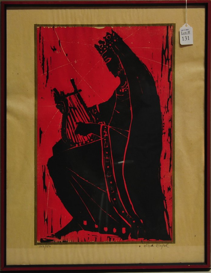 Signed Wood Block Print by Nissan Engel: Titled "King David," measuring approx. 17.75" X 22.75" framed. Signed bottom right by listed artist Nissan Engel, numbered 103/150.