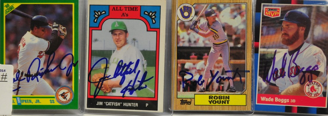 4 Autographed Baseball cards: Cal Ripken Jr., Jim Hunter, Wade Boggs and Robin Yount