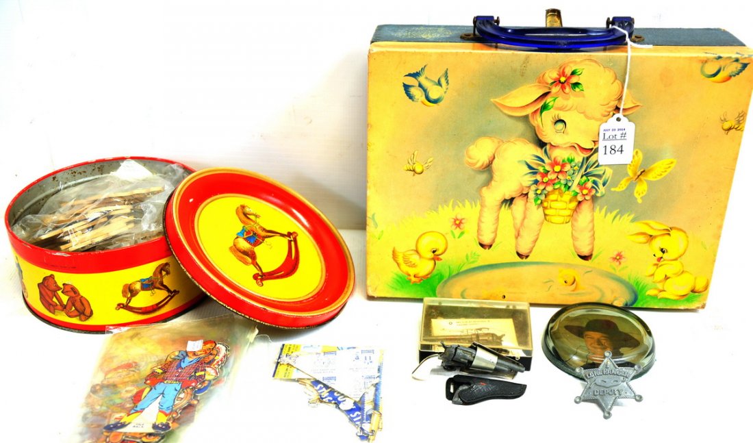 Mixed Vintage Toy Lot: Includes 4 sets of 1950s Blue Bonnet cut-outs of Howdy Doody characters; Lone Ranger badge, Roy Rogers miniature gun and holster, paper weight, and others--all tucked into a cute Margaret Holbrook sui