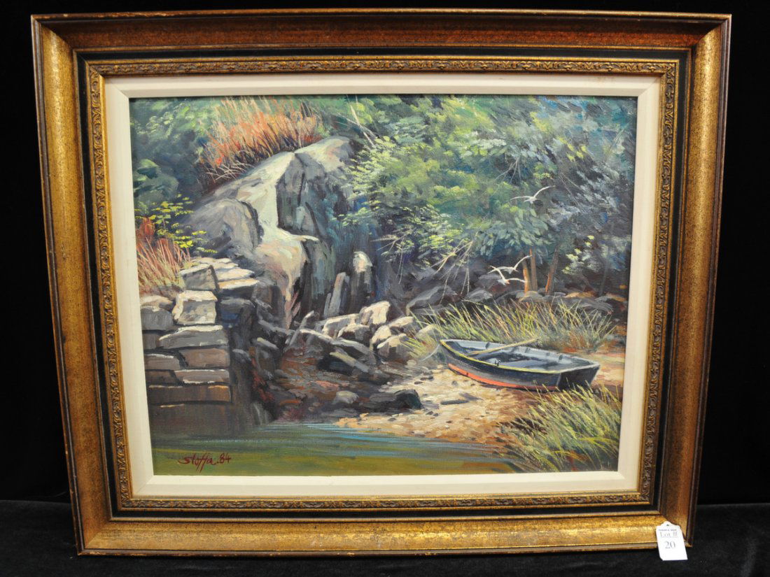 Oil on Canvas of row boat: By Listed artist Michael Stoffa 1984 Measures 19x16 signed lower left