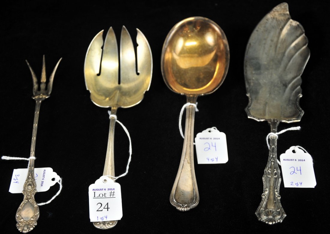 4 Sterling Silver Serving Utensils: Includes: a Wallace Lucerne Sterling Silver Serving Fork measuring approx. 8.5" long; a Durgin serving spoon/fork approx. 9" long and 3.7" wide; a Towle "Old Newbury" serving spoon measuring approx. 9